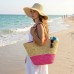 Straw Tote: Woven Wheat Straw Tote - 2 Tones - Pink - BG-R11052PK 
